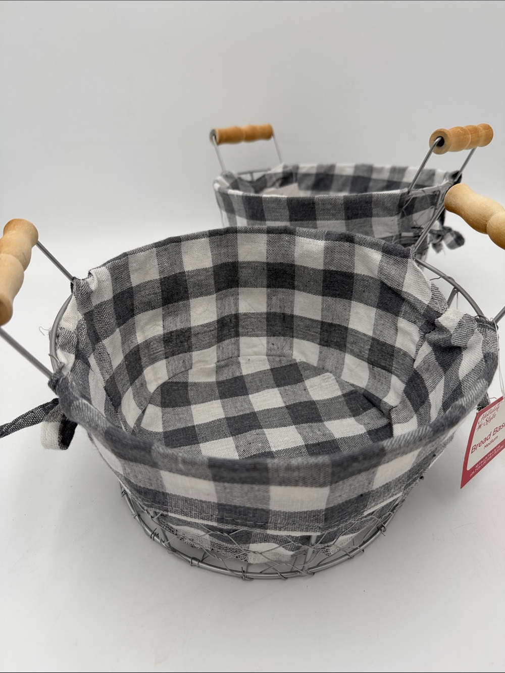 Set of 2 Gray & White Buffalo Check Wire Basket with Wooden Handles